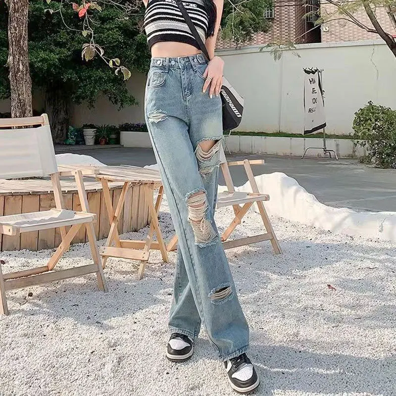

Washed Ripped Adjustable High-waisted Straight Leg Jeans, Women's Spring and Summer Fashion Loose Floor-length Wide-leg Jeans