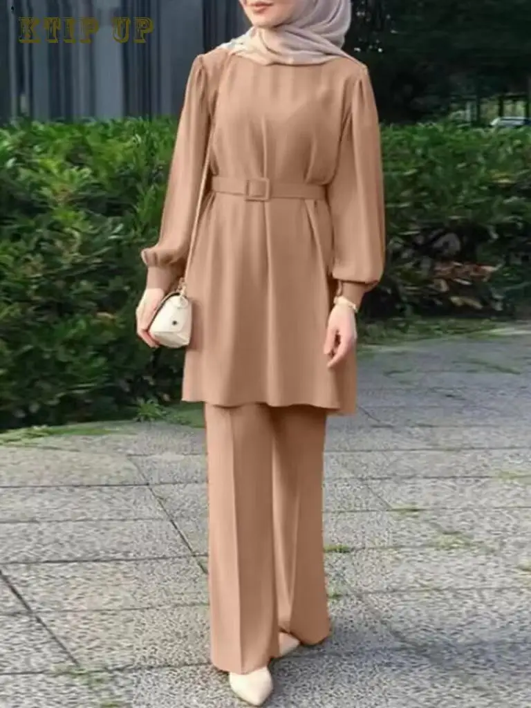 두바이 Eid Mubarek 복장 패션 정장 터키 Abaya 인과 바지 세트 이슬람 긴 소매 블라우스 바지 정장 여성 매칭 세트