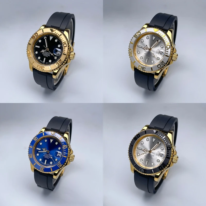 Gold China NH35 Automatic Watch 40mm YM Style Two-Way Ceramic Bezel Sapphire Window Rubber Strap Numberless Luminous Hands