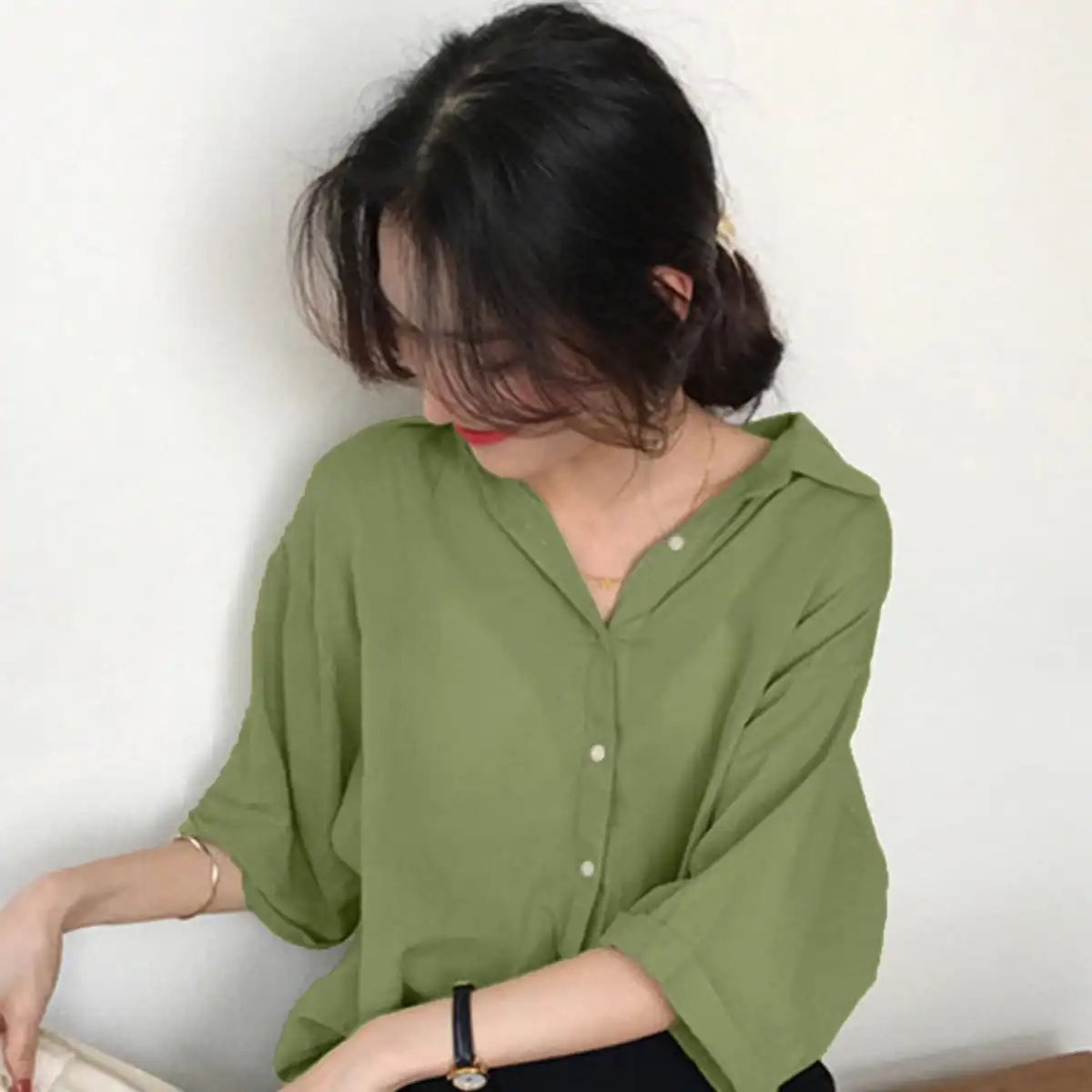 Korean Chic Summer Retro Hong Kong Style Three-Quarter Sleeve Shirt Women's High-End Loose Casual Elegant Shirt Top