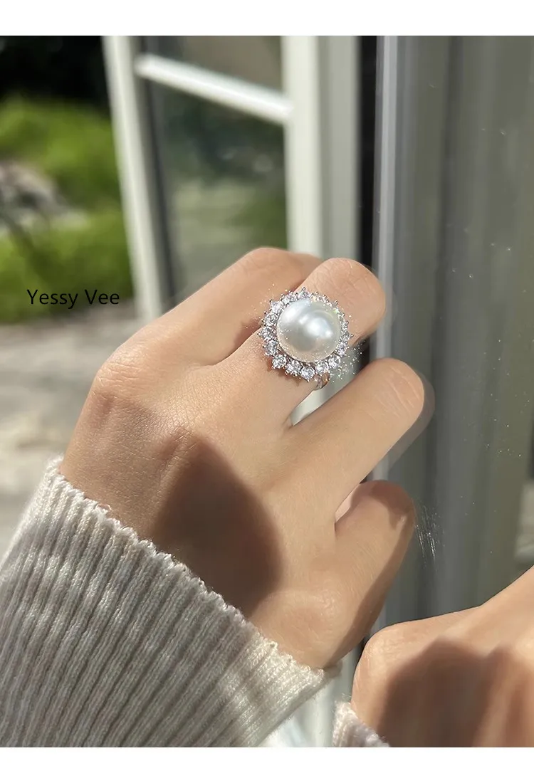 Yessy Vee Women 925 Silver White Gold Plate Ring Austrian White Pearl Ring Zircon Diamond Luxury Exquisite Top Quality Deco