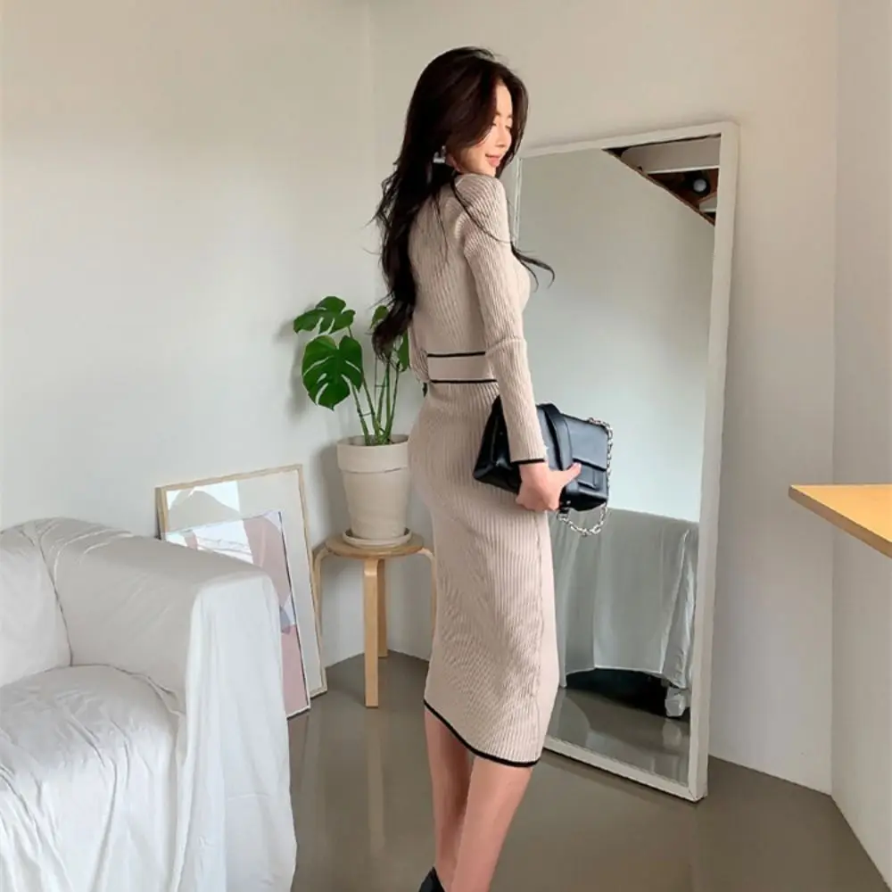 

Sweet Half Collar Knit Long Dress Long Sleeve Winter Autumn Slim Elegant Dresses Lace-up Korean Knitwear Dress Ladies