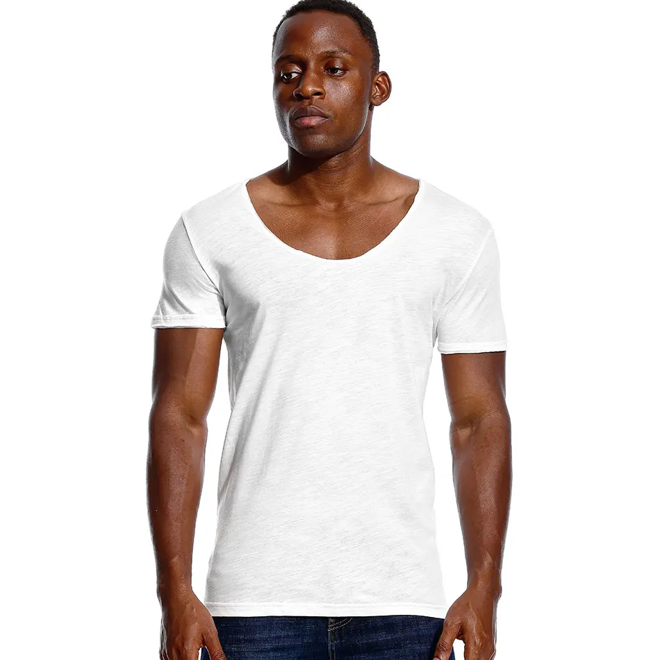 Koszulka z głębokim dekoltem w serek Slim Fit koszulka z krótkim rękawem dla mężczyzn głęboki dekolt Stretch koszulki Vee moda męska koszulka niewidoczna w stylu Casual, letnia