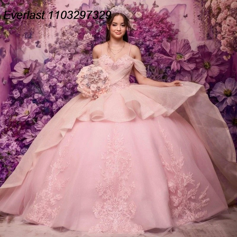 

EVLAST Blush Pink Quinceanera Dress Ball Gown Applique Beading Crystals Tiered Corset Sweet 16 Vestidos De XV 15 Anos TQD666