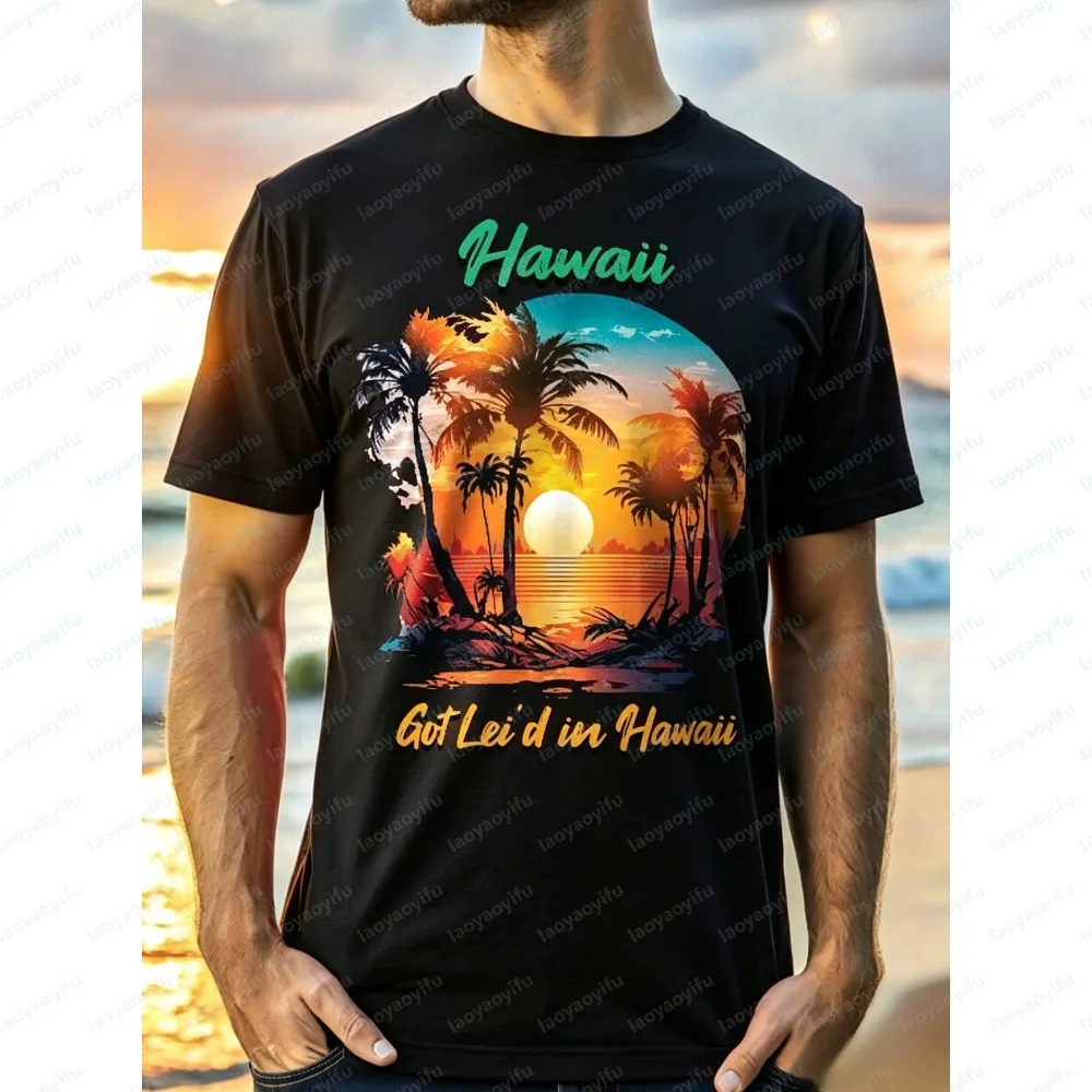 Fashion Men T-Shirt Summer Short Sleeve Tropical Sunset Palm Tree Print Stylish Casual Beach Vacation Daily Streetwear Tops