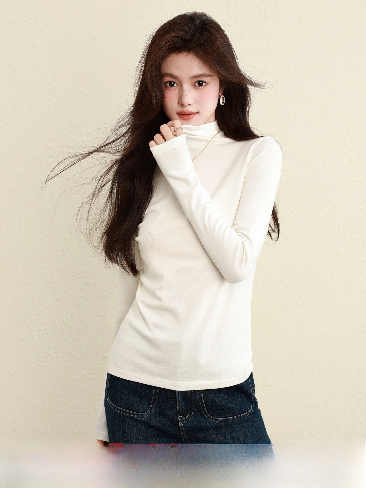 

Self-Heating Long Sve Camere Base irt Versatile Beige Knitted Sweater for Autumn And Winter Sweet Sle Slim Fit Knitwear