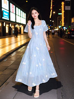 150Kg Plus Size Women's Bust 147 Summer Loose Blue Floral Embroidered Short Sleeved Dress 5XL 6XL 7XL 8XL 9XL