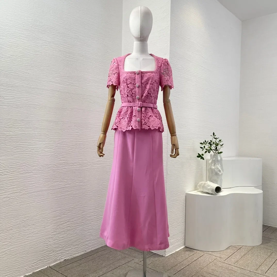 Pink Short Sleeve Lace Embroidery Square Collar Midi Dress