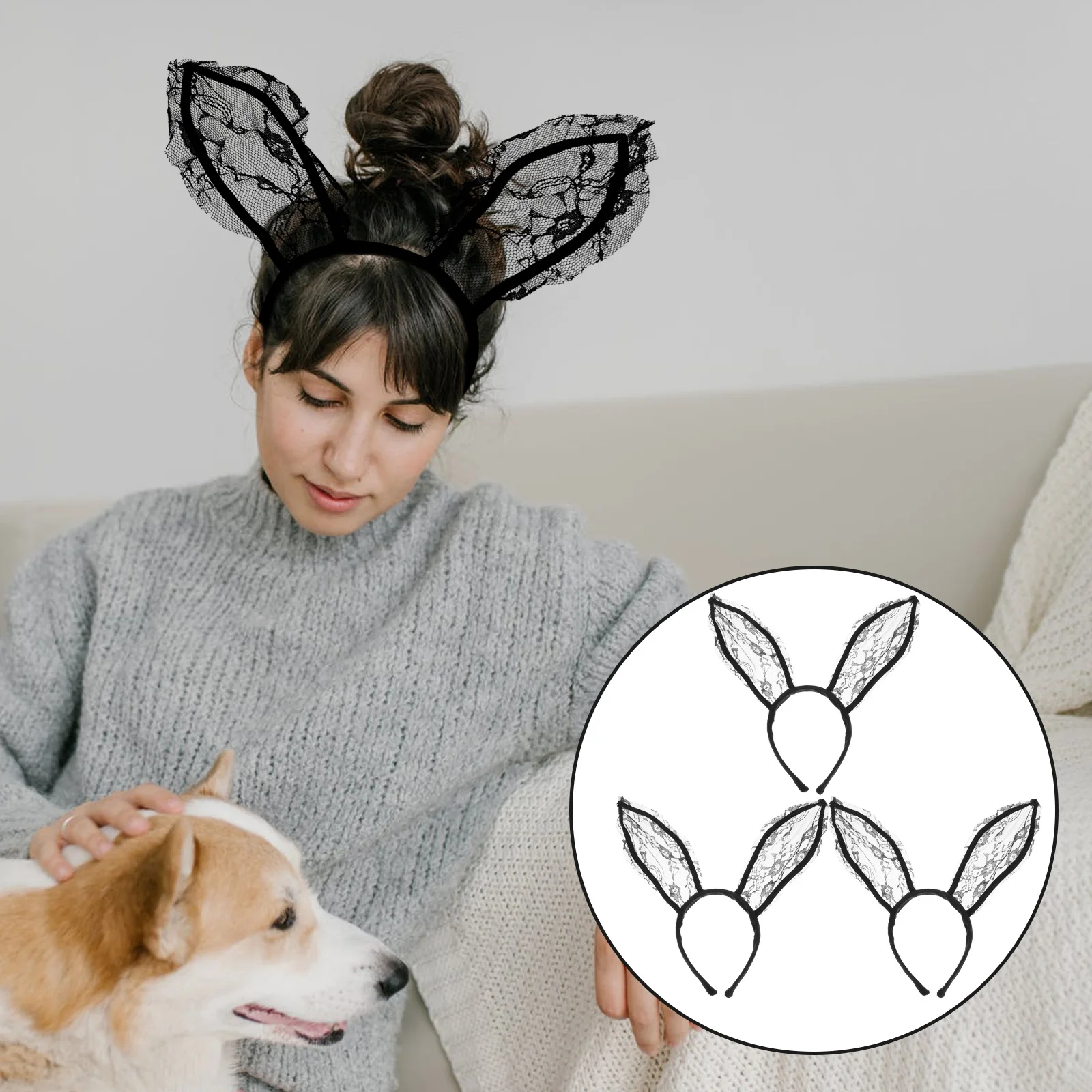 

3 Pcs Rabbit Ear Headb s Lace Hair Hoops Halloween Festival Headdress Props Cosplay Accessories Party Decorations