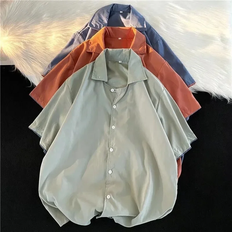 Japanese Style 2025 Summer New Fashion Vintage Men's Short Sleeve Turn-down Collar Single-breasted Color-coded Shirts Male Tops