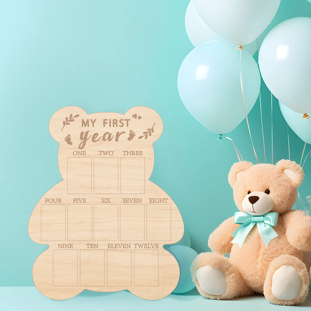 My First Year Photo Display Wood Board, Baby's First Year Picture Frame 12 Months Milestone Board Bear Shape 1st Birthday Photo