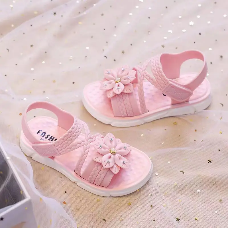 Trendy Cute Flower Decor Solid Color Open Toe Sandals For Girls, Breathable Lightweight Wear-resistant Sandals For All Seasons