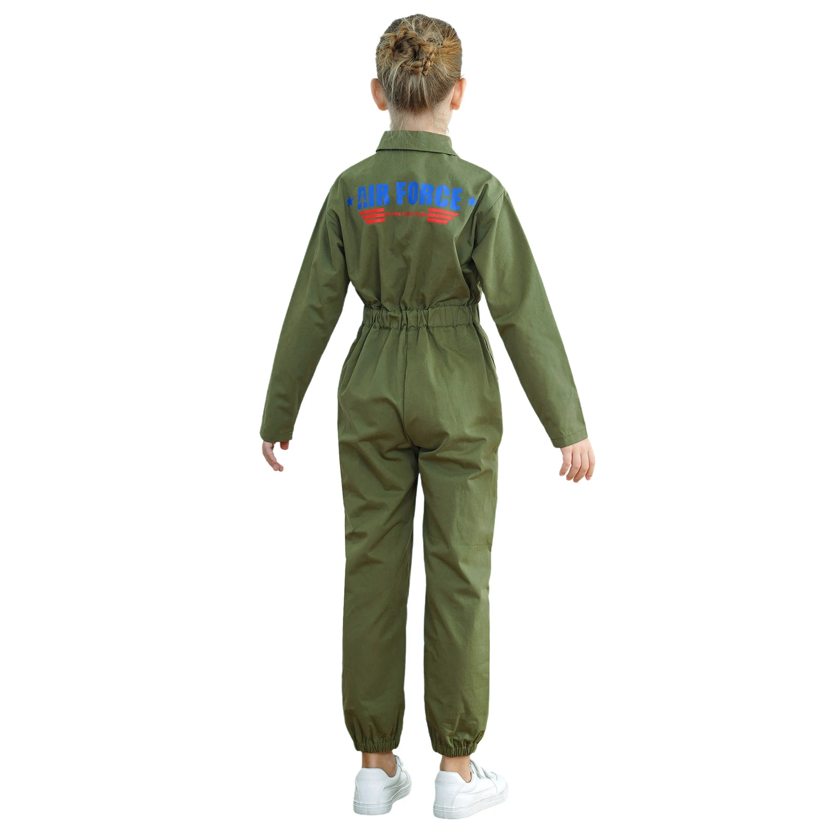 Kids Boys Girls Airforce Uniform Pilot Airman Flight Suit Costume for Halloween Carnival Child Aviator Army Long Sleeve Jumpsuit