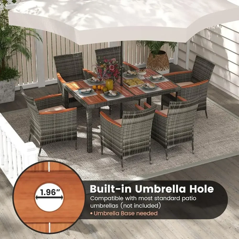 Outdoor 7-Piece Rattan Patio Dining Set with Acacia Wood Top and Cushioned Seats