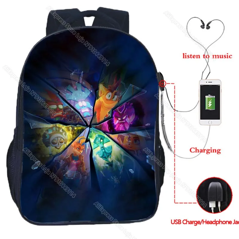 Crash Bandicoot On the Run Backpack Men Women USB Charge Knapsack Boys Girls Kids Cartoon Rucksack Students Anime School Bags