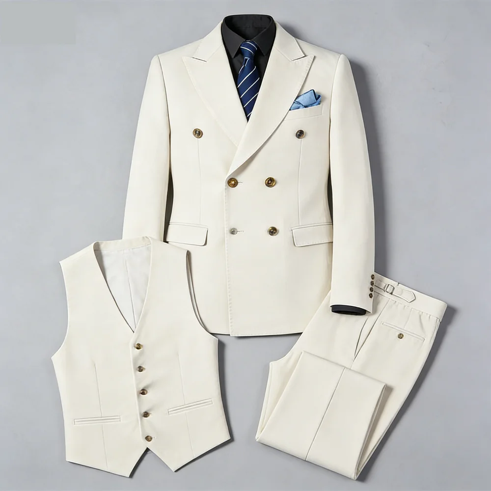 

Customizable Men's White Terno Three-Piece Suit with Cream Lapel Jacket Pants Vest Set with Chest Buckle Adjustment