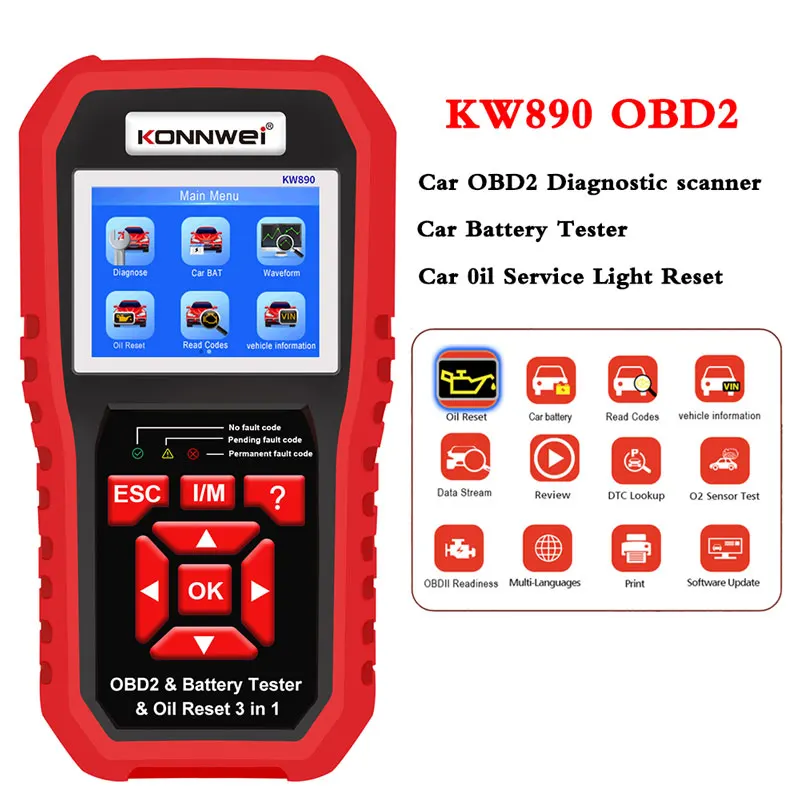 KONNWEI 오일 리셋 스캐너, KW890 OBD2, 자동차 전문 배터리 테스터 분석기, 엔진 점검, 자동차 코드 리더 진단 도구 