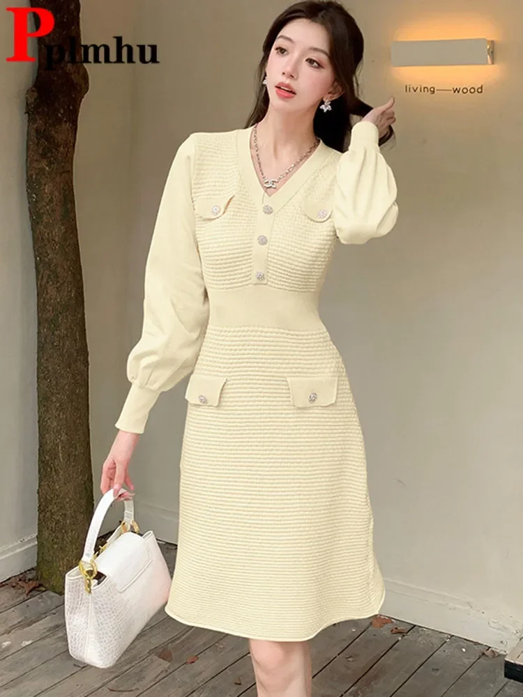 خريف شتاء حلو محبوك الخامس الرقبة Vestidos خمر عادية كم طويل أنيقة Elbise الكورية تصميم سليم ألفي مبطن فستان تريكو