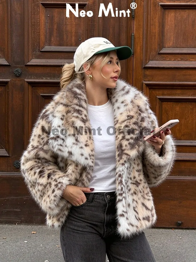 Neo Mint 2026 Winter Furry Short Faux Fur Animal Print Coat Women Classic Big Fur Collar Leopard Artifical Fox Fur Jacket