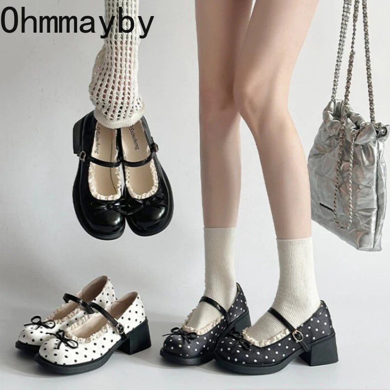 

Милые женские туфли Мэри Джейн на толстом каблуке в горошек, удобные туфли-лодочки с неглубоким ремешком, элегантные туфли с бантом-бабочкой для женщин