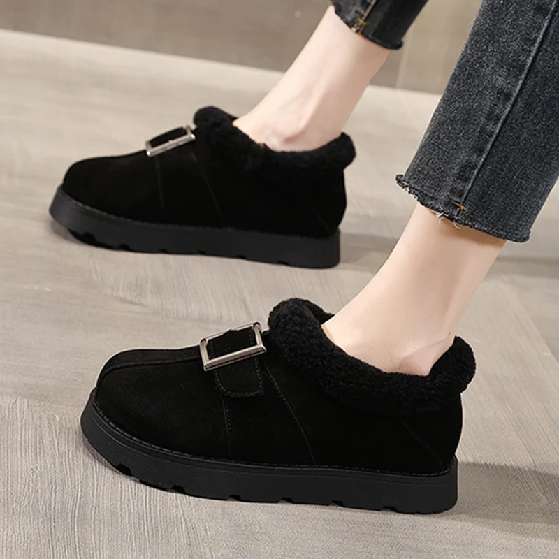 2025 Winter Shoes Women Suede Boots Warm Plush Flat Non-slip Cold Winter Fashion Ladies Ankle Snow Boots Black Yellow D630