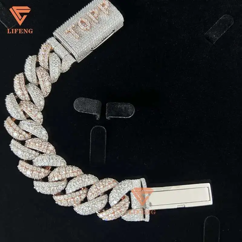 

Mens 925 Sterling Silver Bracelet Two Tone Big Diamond Cuban Link Chain Rose Gold Plated Moissanite Bracelet Hip Hop Jewelry