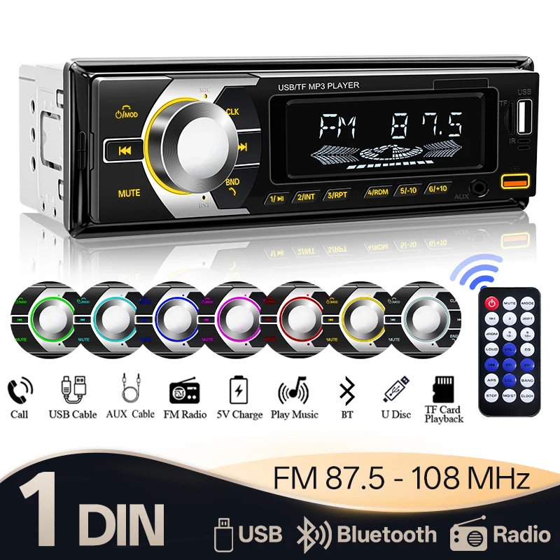 

Автомобильный радиоприемник Hippcron, 1 Din, стерео, мультимедийный MP3-плеер, поддержка FM USB/TF, AUX, входная зарядка, 12 В, универсальное авторадио