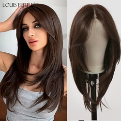 LOUIS FERRE Long Brown Layered 13x1 Lace Front Synthetic Wig Dark Brown Straight Lace Wigs Natural Hairline Daily Soft Fake Hair