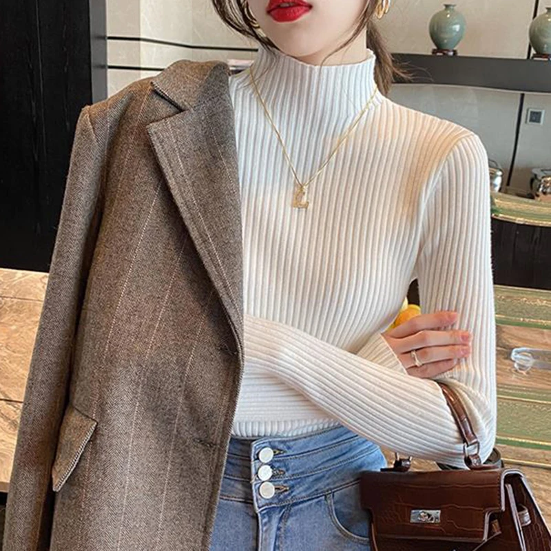 Epligg Women Turtlneck Sweater Long Sleeve Casual Slim Pullover Fashion Simple Chic Clothes Elegant Solid Basic Knitted Tops