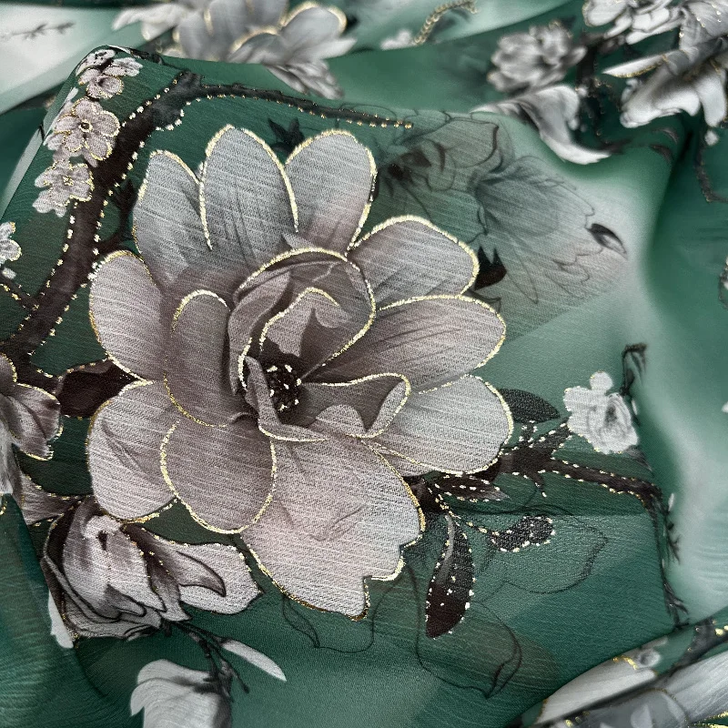 Green Floral Printed Chiffon Fabric, Luxurious Flower Print Tulle, Ideal For Summer Apparel Or Gowns, By the yard