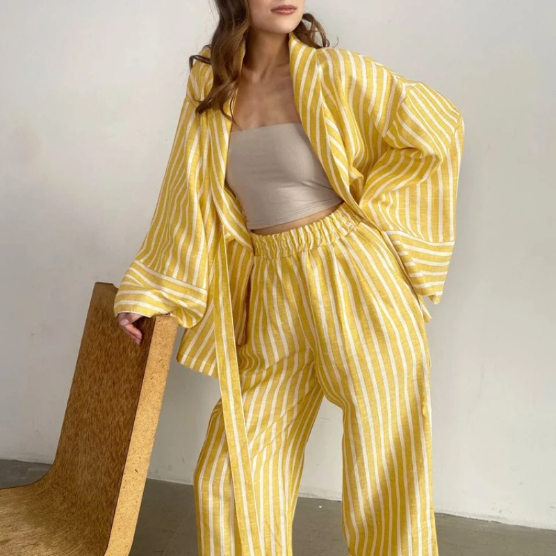High Quality Fashion Women Oversized Loose Muslim Dress With Belts Stripe Shirt and Straight Yellow Trousers 2 Piece Set