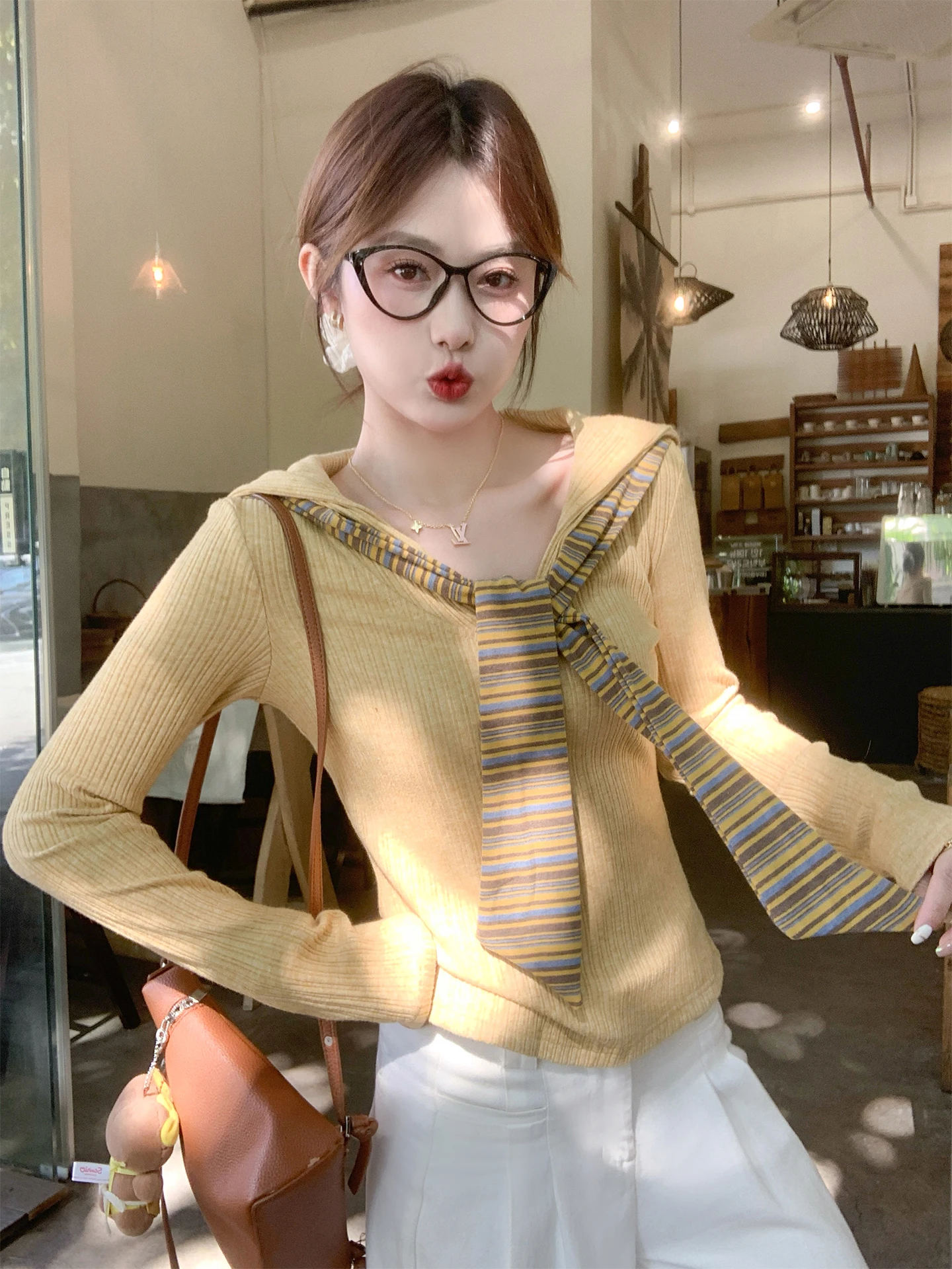 

Spring Knitted Long Sve Women's T-irt oulder Design Korean Sle Fake Two-Piece Top Casual Loose Fit Comfortable Knitwear