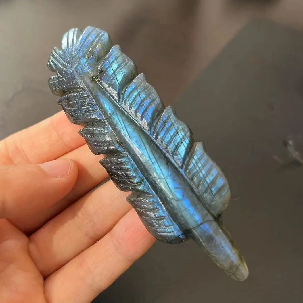 Natural Labradorite Stone Carved Feather, Home Decor, Pendants, Gifts, Crystal Carvings, 95mm