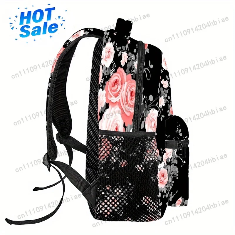 Elegant Black Floral Backpack with Pink Roses - Lightweight, Adjustable Strap, Zipper Closure, Durable Polyester Material - Idea