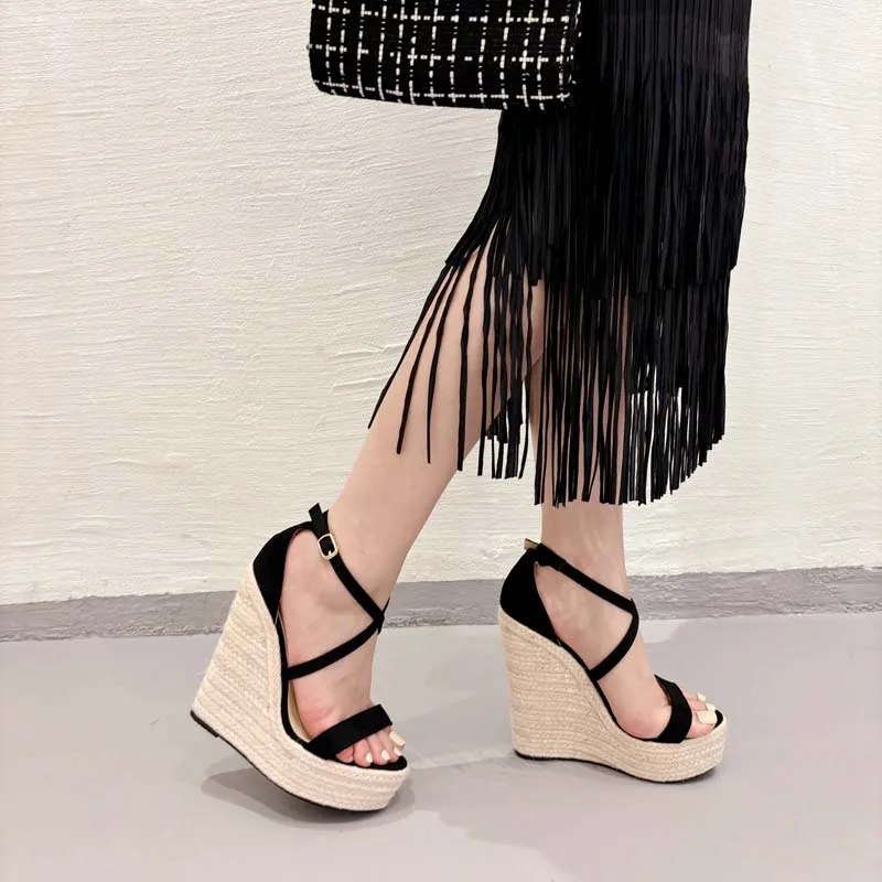 Black Wedges Shoes For Women Belt Cross Buckle Heeled Sandals Summer Platform Shoes Ladies High Heels 14cm Femme Sandales