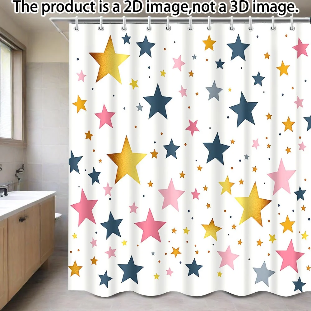 

Star & Polka Dot Shower Curtain – 71×71", Colorful Night Sky Theme, Polyester, Includes 12 Hooks, Kids' Bathroom Decor