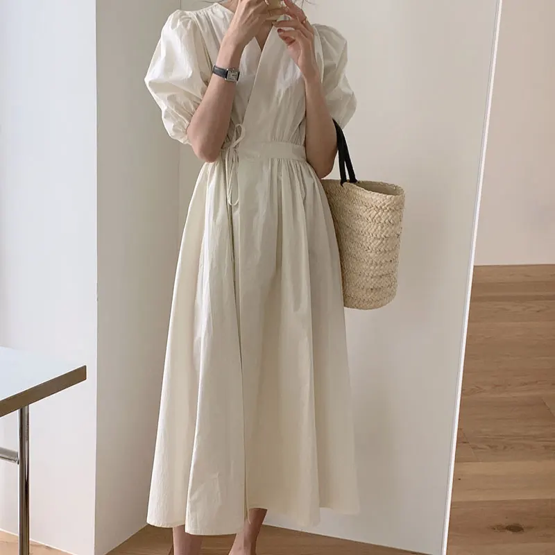 Summer Women Shirt Dress Puff Sleeve Long Female Vintage Maxi Party Oversize Women Dresses Casual Elegant Korea Vestido