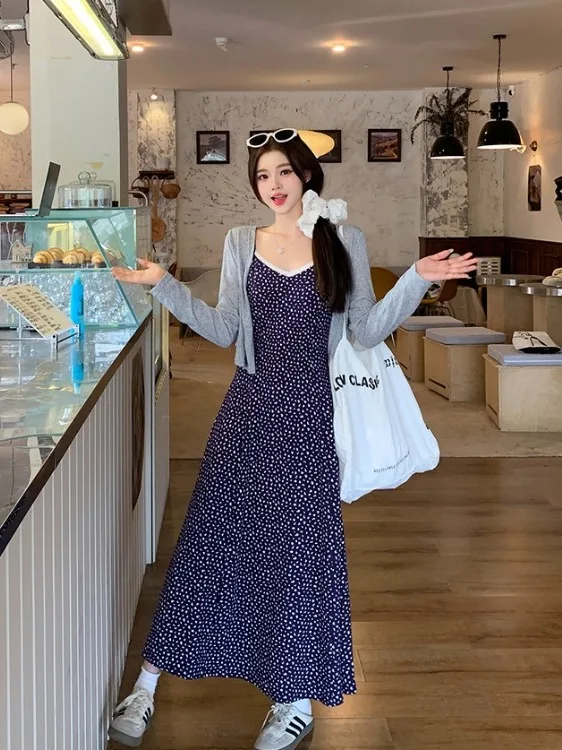 

plus Size Women's Sweet Floral Lace Trim Halter Dress Summer Thin Knitted Top Trendy Korean Style High Waist Long Sleeve Midi...