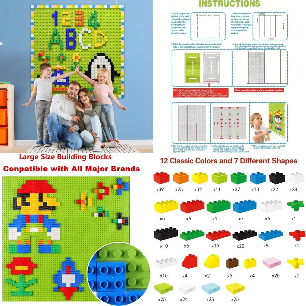 Juego de pared de bloques de construcción personalizables DIY, 8 Bases autoadhesivas (10x20), 440 piezas, Compatible con las principales marcas, Wal fácil y divertido