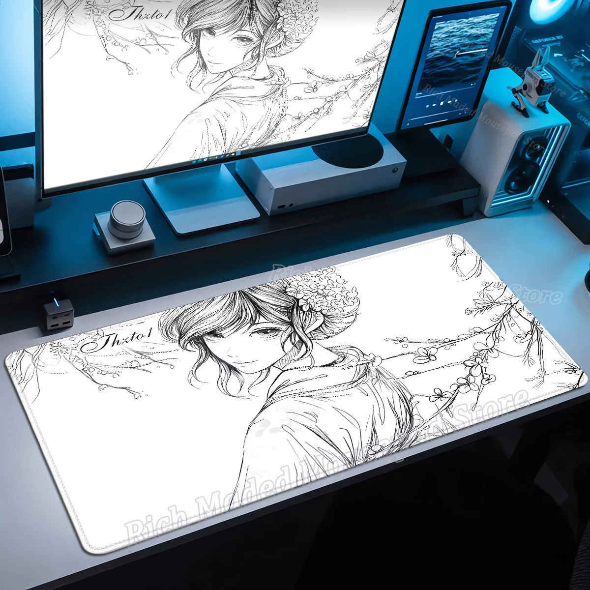 

White And Black Cartoon Mousepad Anime Girl Mouse Pad Large Table Mat Office Gamer Computer Keyboard Laptop Accessories Xxl Pad