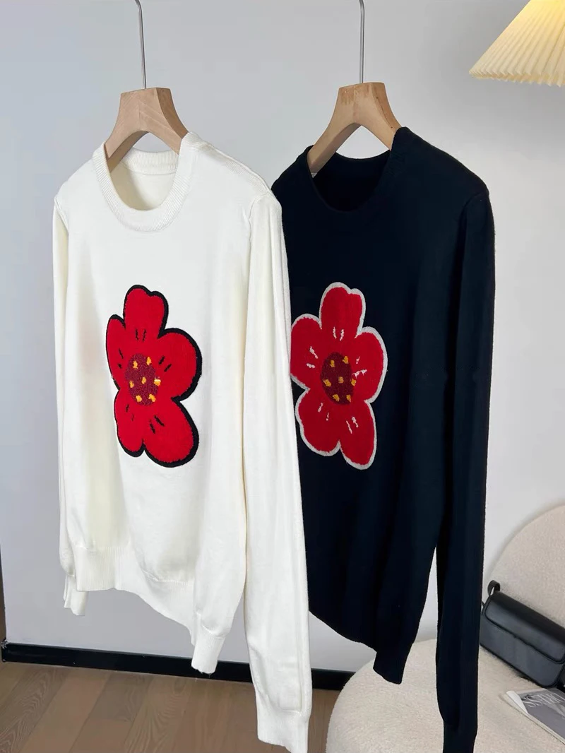 Fall Floral Embroidery Sweater Women Sweet Long Sleeve Knitted Pullover Vintage Sweater Chic Tops C-319