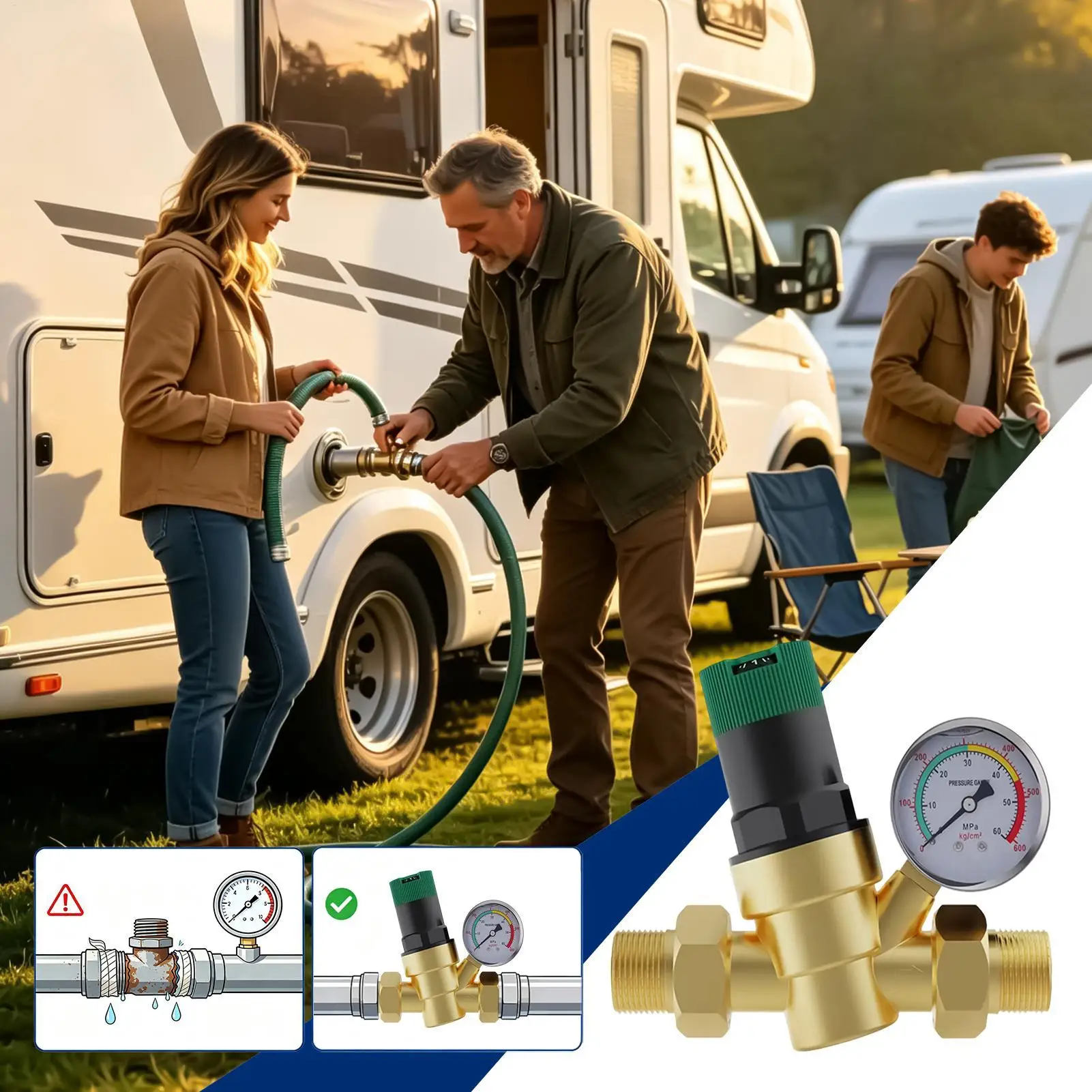 Camper Water Pressure Regulator Lead-Free Adjustable Leak Proof Copper Valve With Inlet Screen Filter Travel Trailer Water