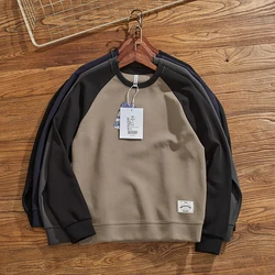 Autumn New American Retro Two Colors Stitching Hoodies Men's Washed O-neck Pullover Knitted Raglan Sleeve Casual Sweatshirts