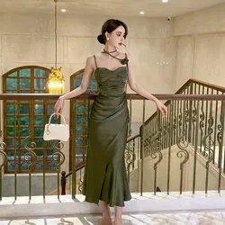 Satin Suspender Midi Dresses for Women 2023 New Summer Elegant Party Evening Clothes Female Fashion Sexy Slim Green Dress Vestid