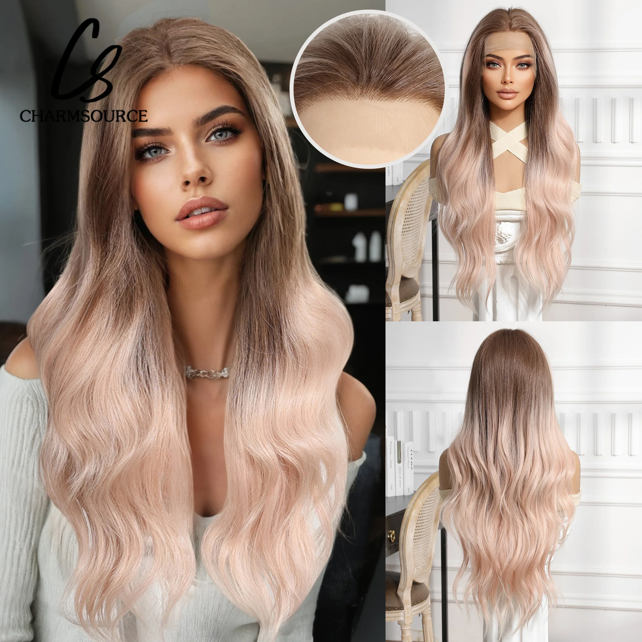 CharmSource 13x6 Lace Wig Long Wavy Brown Pink Wigs with Dark Root for Women Daily Party Cosplay Wedding High Density