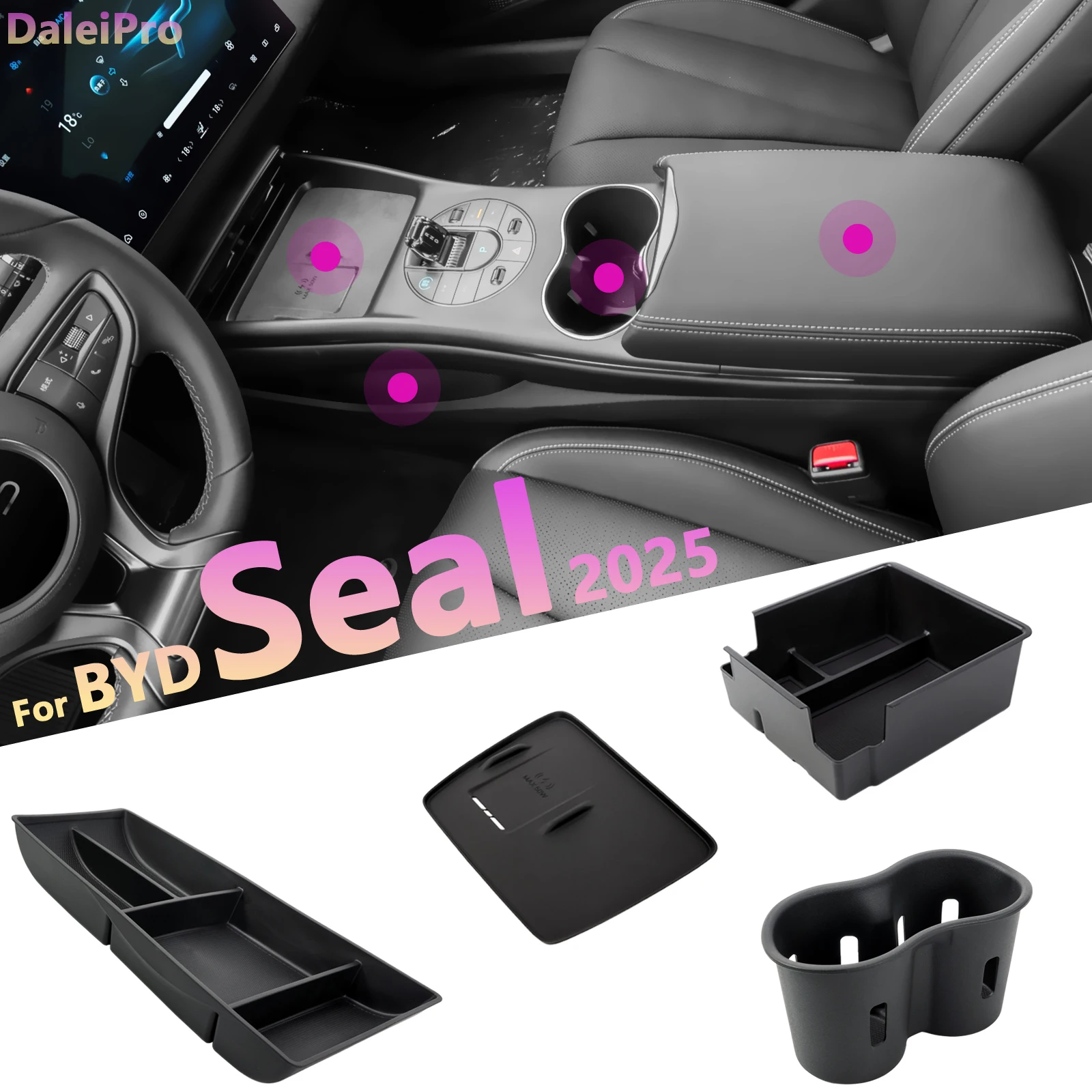 

For BYD Seal 2025 Car Armrest Storage Box Center Console Layered Storage Box Cup Holder Box Modification Interior Accessories