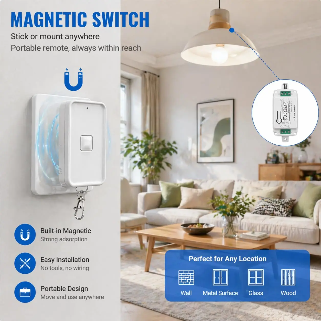 RF433 Wireless Switch with Remote Control, Used for Remote Control of Lamps and Fans, with a Range of 30 Meters