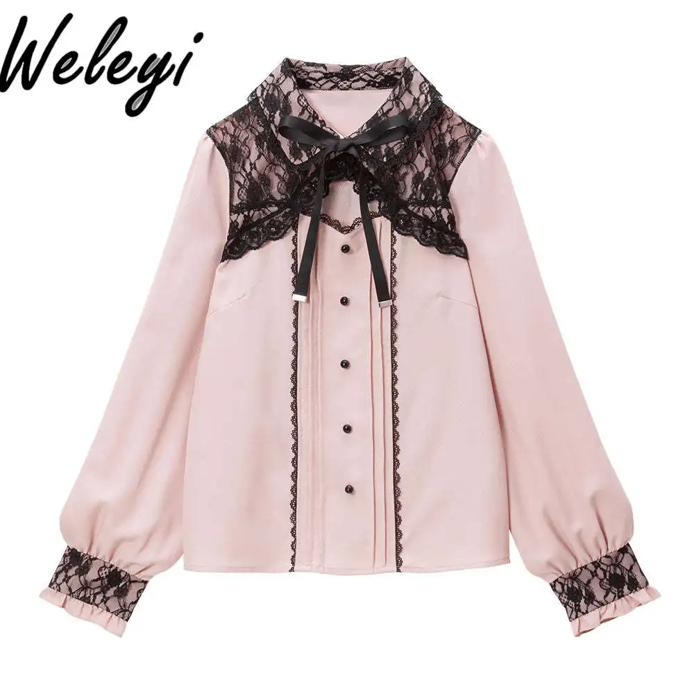 

Japanese Style Autumn Sweet Rojita Shirt Ropa De Mujer Spring Cute Lace Hollow Out Tied Lapel Long Sleeve Top Roupas Femininas