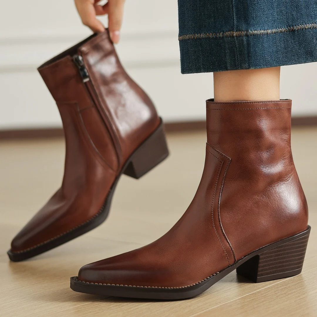 

danxuefei women's cow leather pointed toe side zip autumn ankle boots 4.5cm thick med heel casual female short booties shoes hot