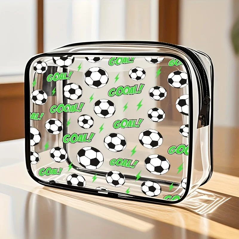 Football Design PVC Transparent Toiletry Bag, High-Quality One-Sided Print, Zip Closure Lightweight Fade-Resistant Organizer